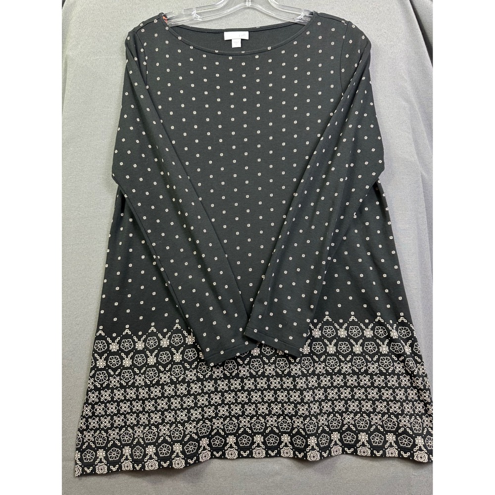 J. Jill Women's Black White Floral Border Print‎ Long Sleeve Tunic Top Small